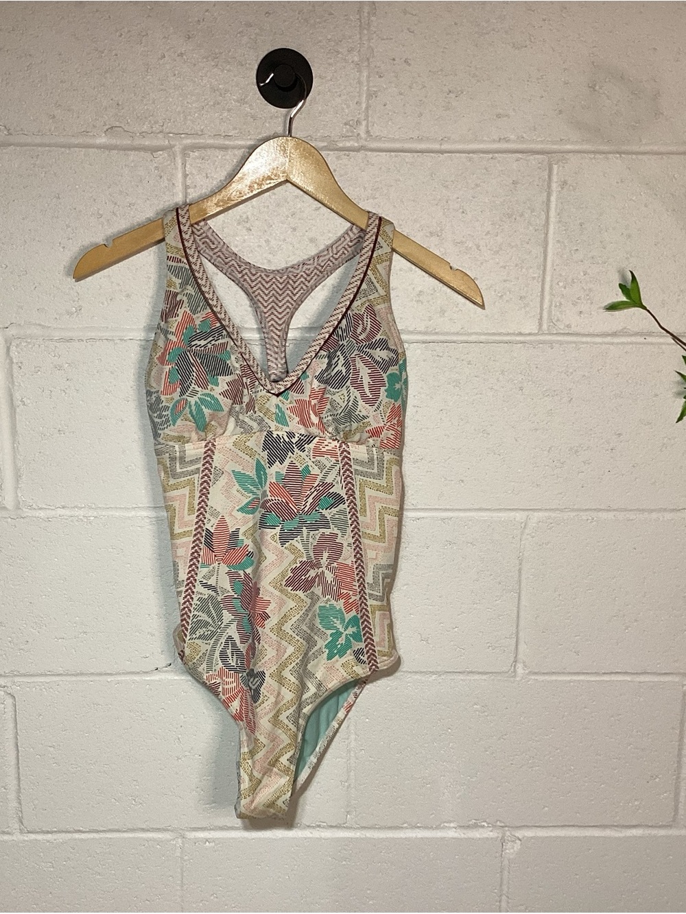 Prana One Piece Swimsuit in Teal, Coral, and Beige | Open Back | Cute!